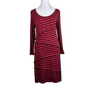 Max Studio Knit Dress Red Navy Blue Stripe Bandeau Panels Stretchy Size M